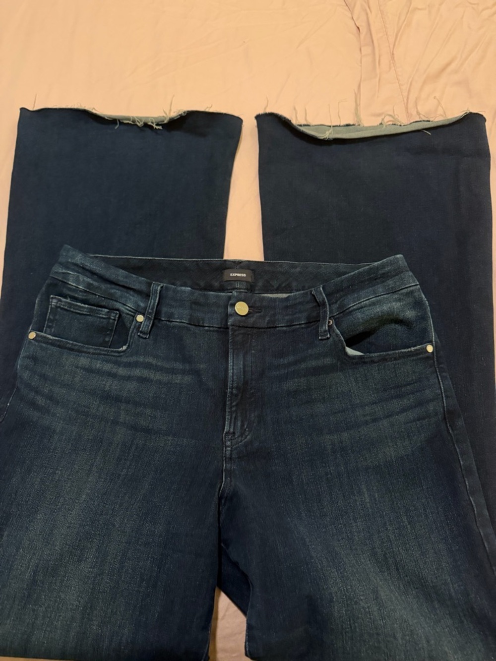 Express 70s flare jeans Large 12/14/16 mid rise dark wash raw hem stretch